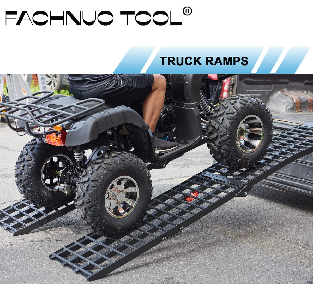 FACHNUO ramp next to lawn mower showing size and compatibility advantage