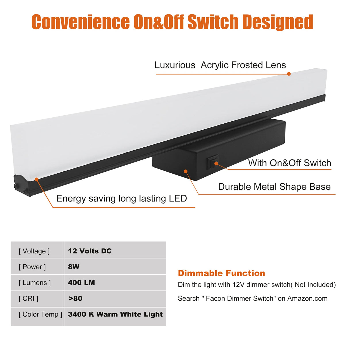 Facon built-in switch and wiring detail for easy 12V connection