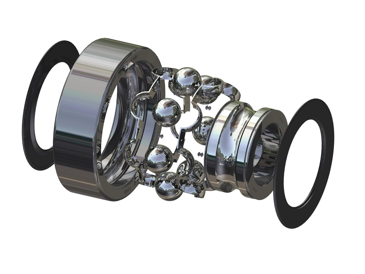 All Factory Links kit components arranged to show bearings, seals, and spacers for straightforward installation benefit
