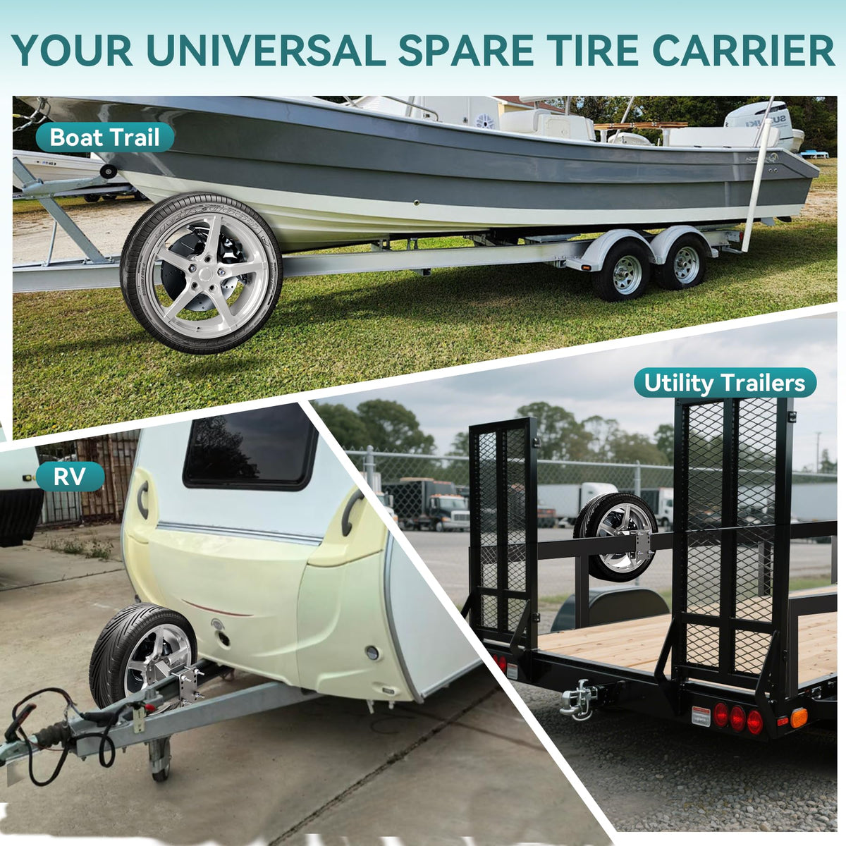 Fadachai spare tire carrier mounted on boat trailer near water illustrating rust resistance