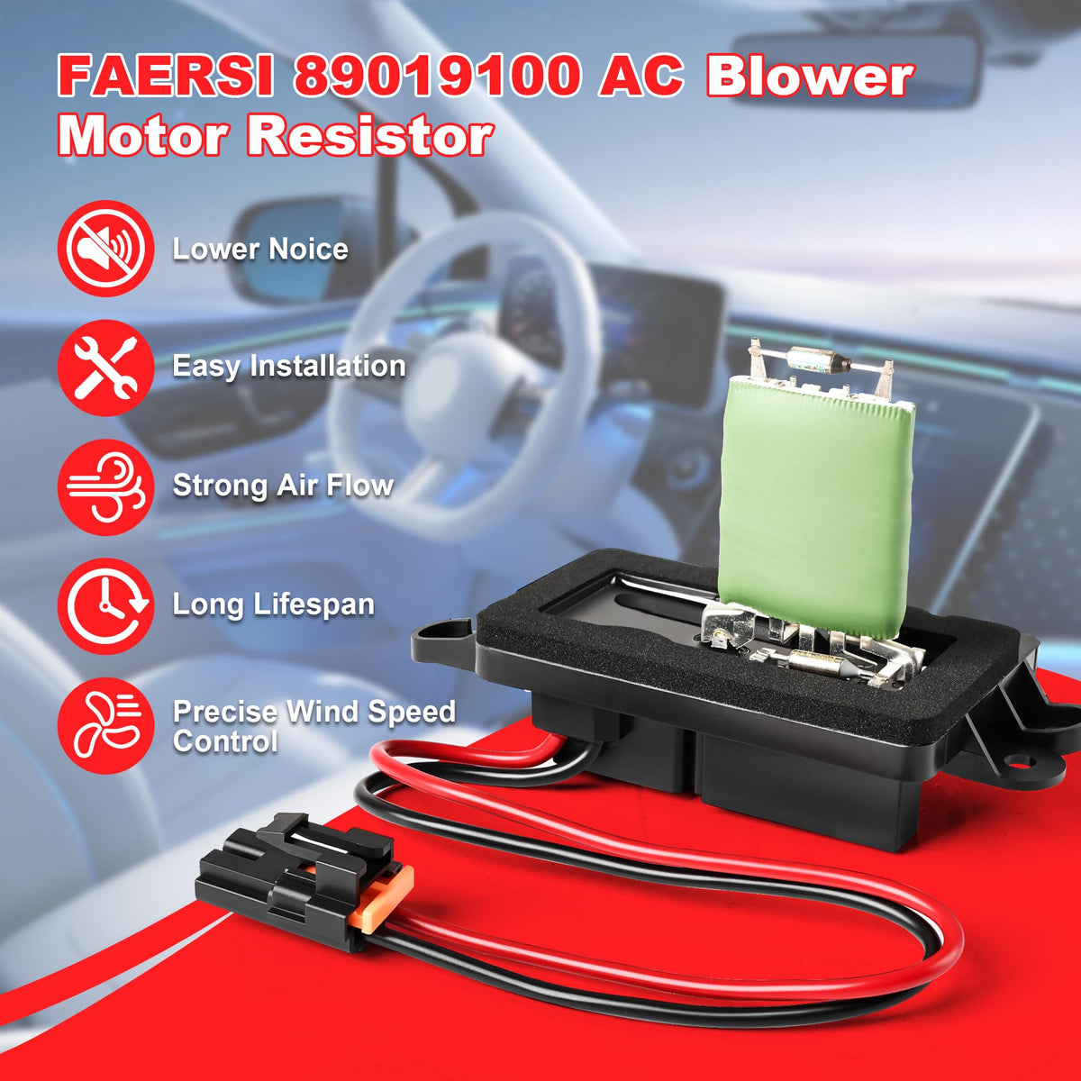 FAERSI resistor with harness closeup highlighting secure plug and harness benefit