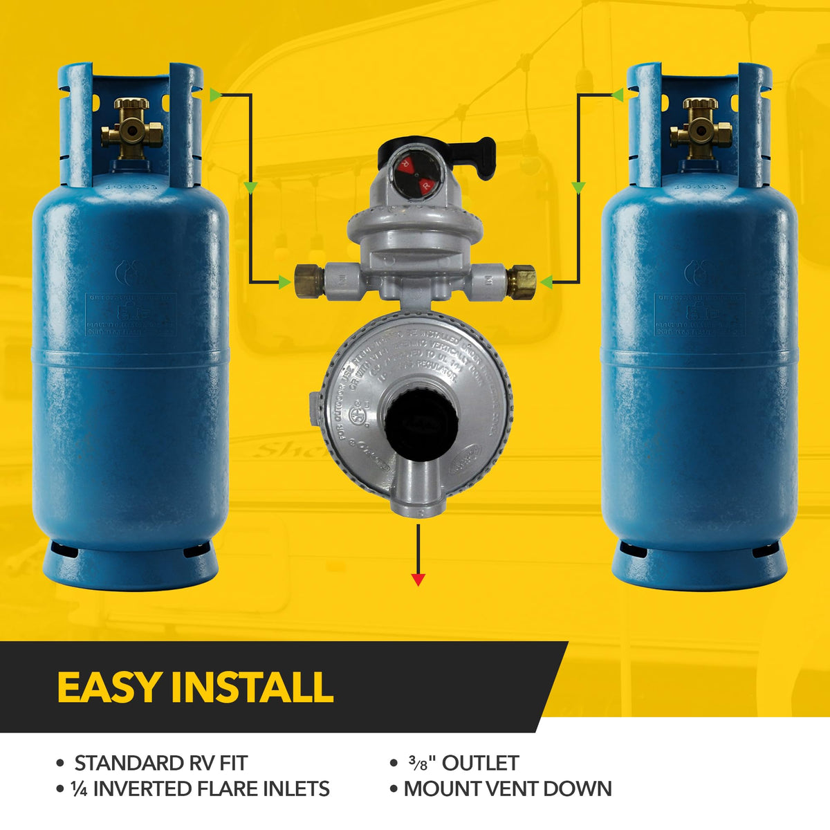 Fairview GR-9984 showing dual 1/4" inverted flare inlets and 3/8" NPT outlet for simple hookups