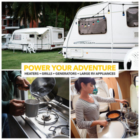 Fairview regulator installed under an RV tank showing fast, space-saving placement benefit