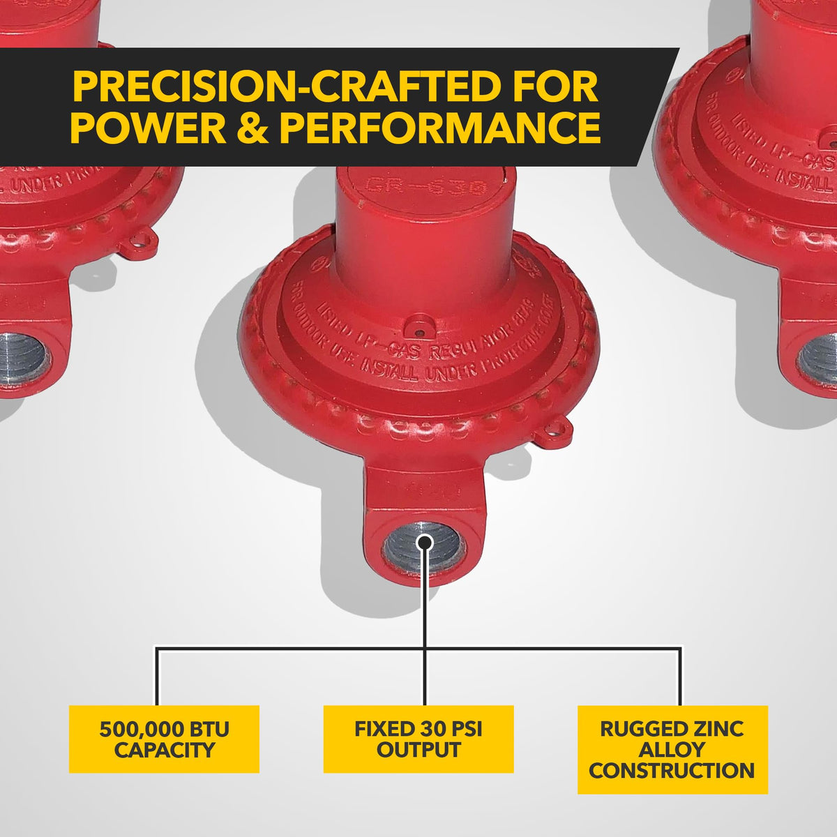 Fairview regulator side detail highlighting rugged build and corrosion-resistant zinc alloy housing