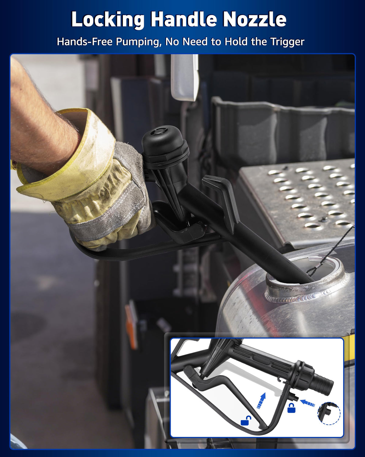 FAITIO pump mounted to 2-inch drum bung showing secure, hands-free operation