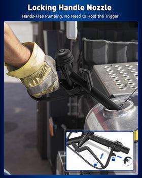 FAITIO pump mounted to 2-inch drum bung showing secure, hands-free operation