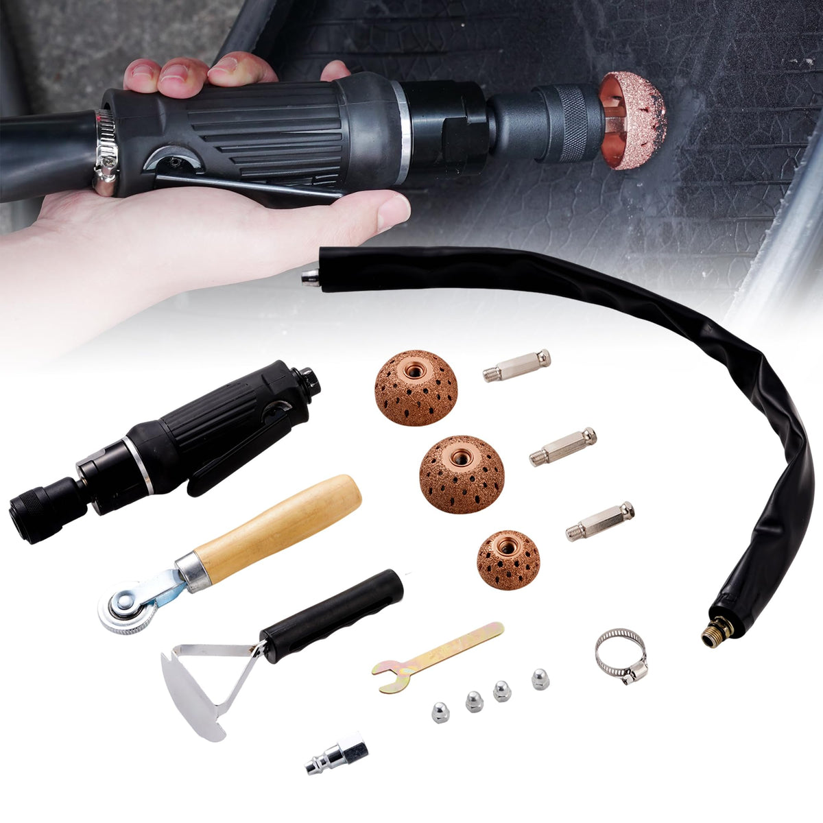 FAITIO front view of complete kit showing grinder and accessories for fast repairs