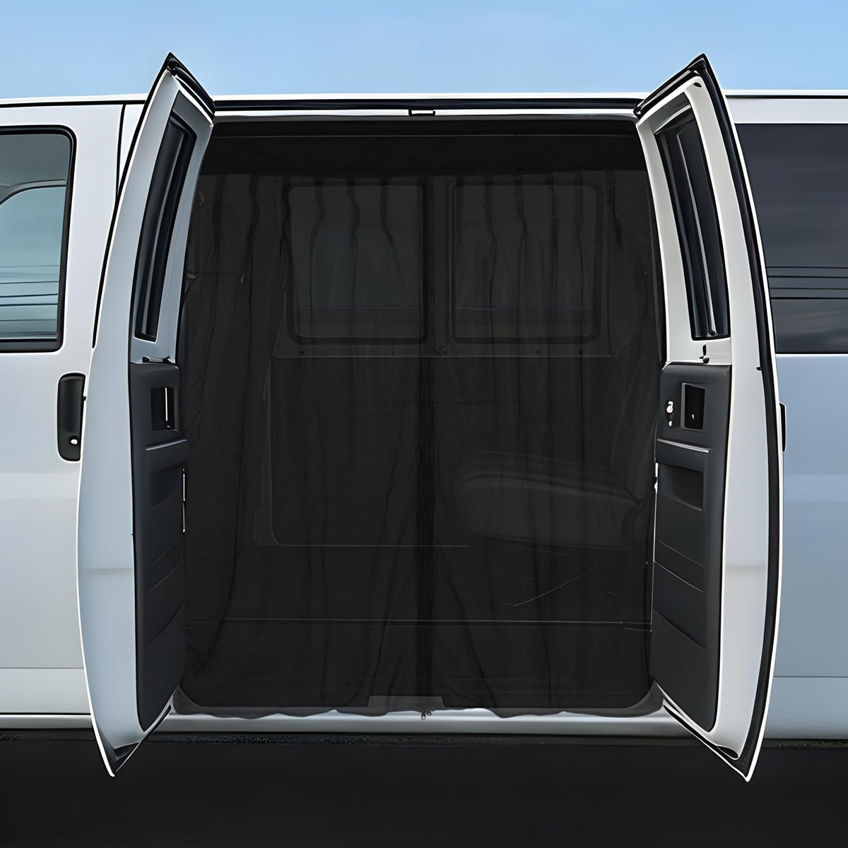 Falafa front view installed on van door showing full coverage and airflow benefit