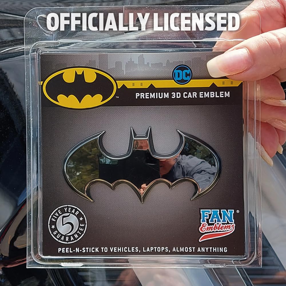 Fan Emblems Batman badge next to ruler showing compact 3.8 x 1.8 inch size