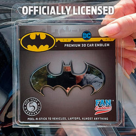 Fan Emblems Batman badge next to ruler showing compact 3.8 x 1.8 inch size