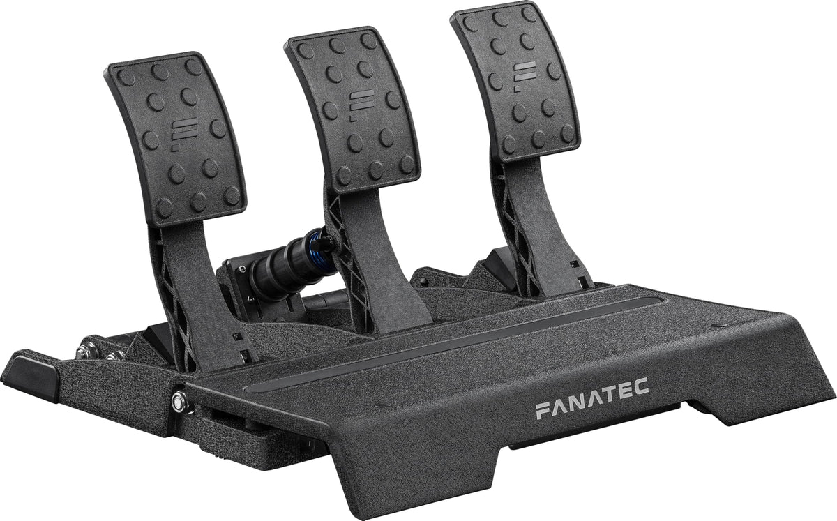 Fanatec CSL Elite Pedals V2 front profile showing sturdy aluminium build and stable base