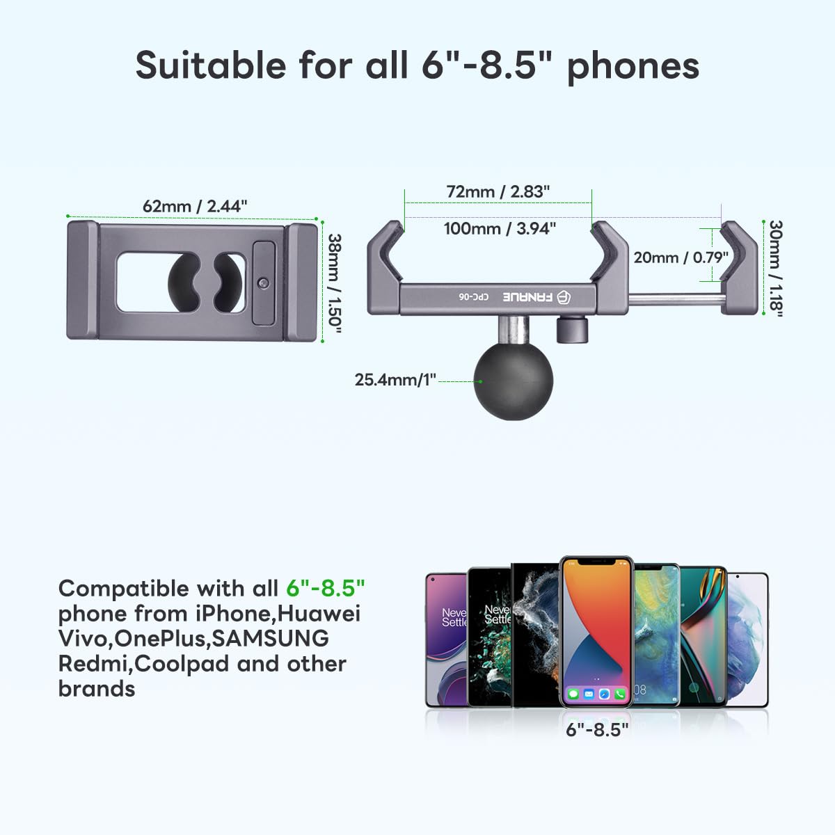 FANAUE close-up of 1-inch ball head adapter for smooth RAM compatibility