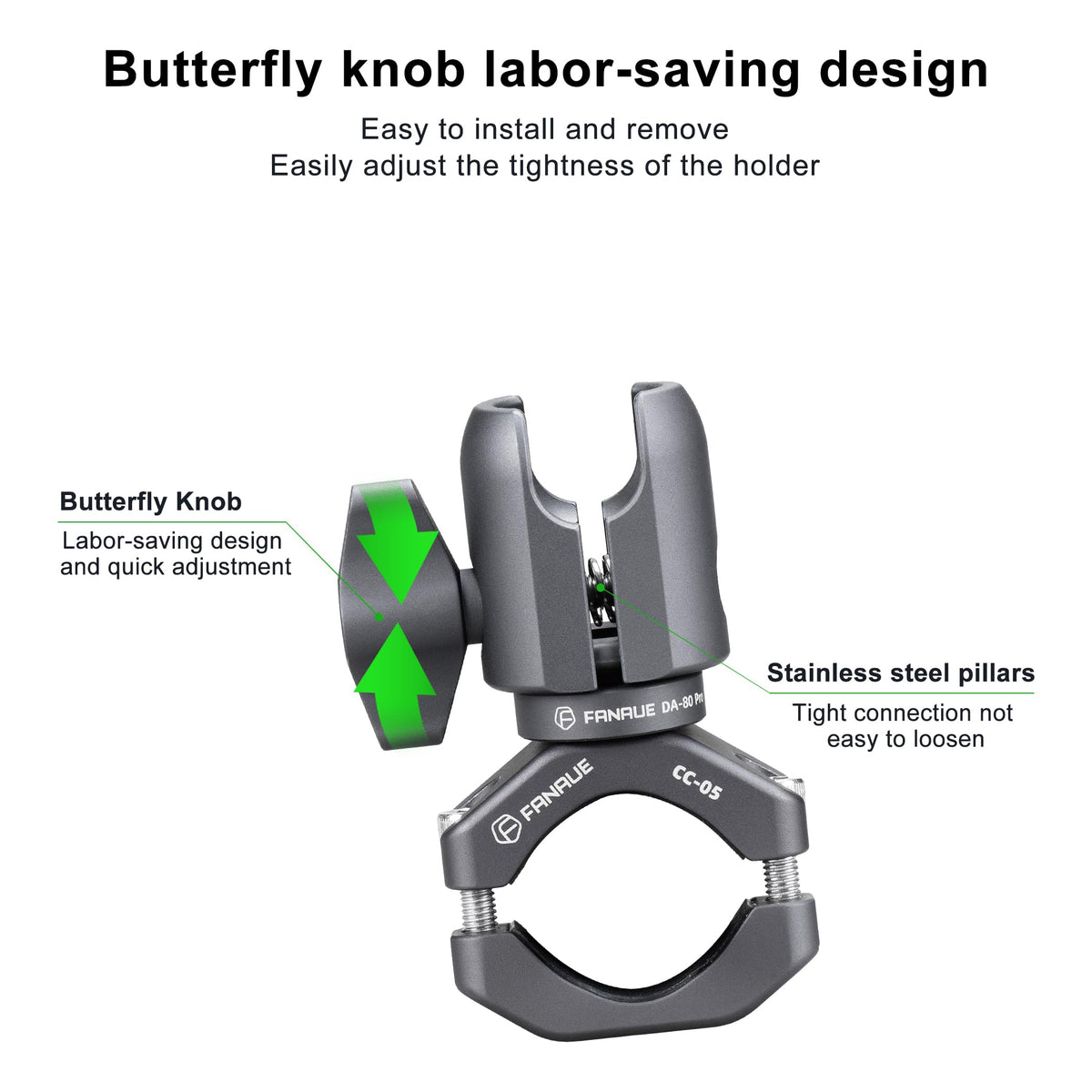 FANAUE clamp mounted on motorcycle yoke, offering versatile anchoring for navigation devices