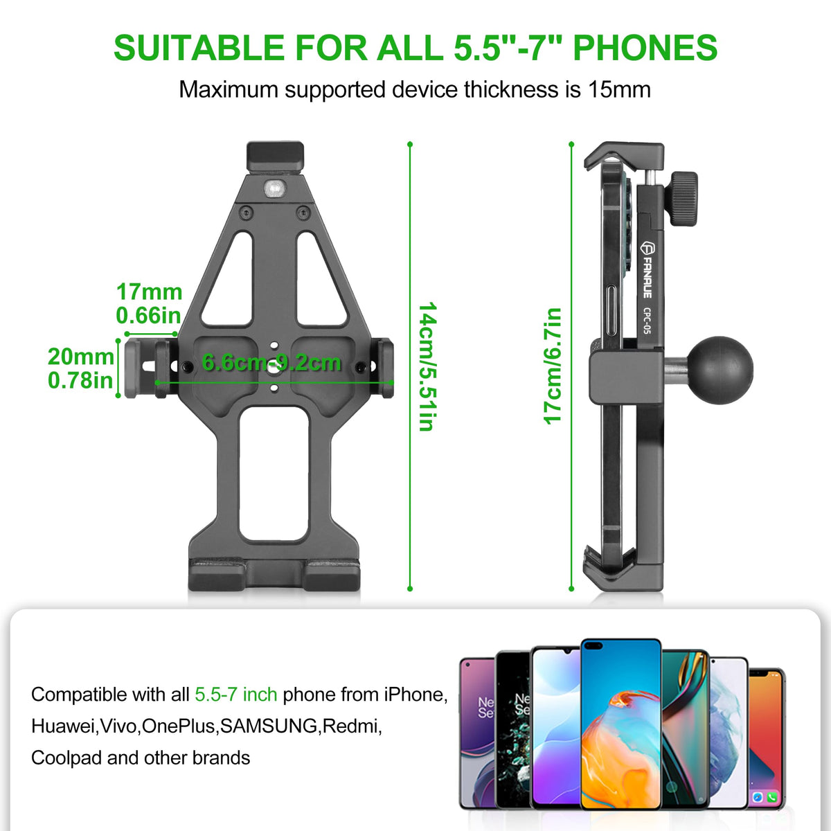 FANAUE scale comparison with common smartphone showing fit for 5.5–7 inch phones