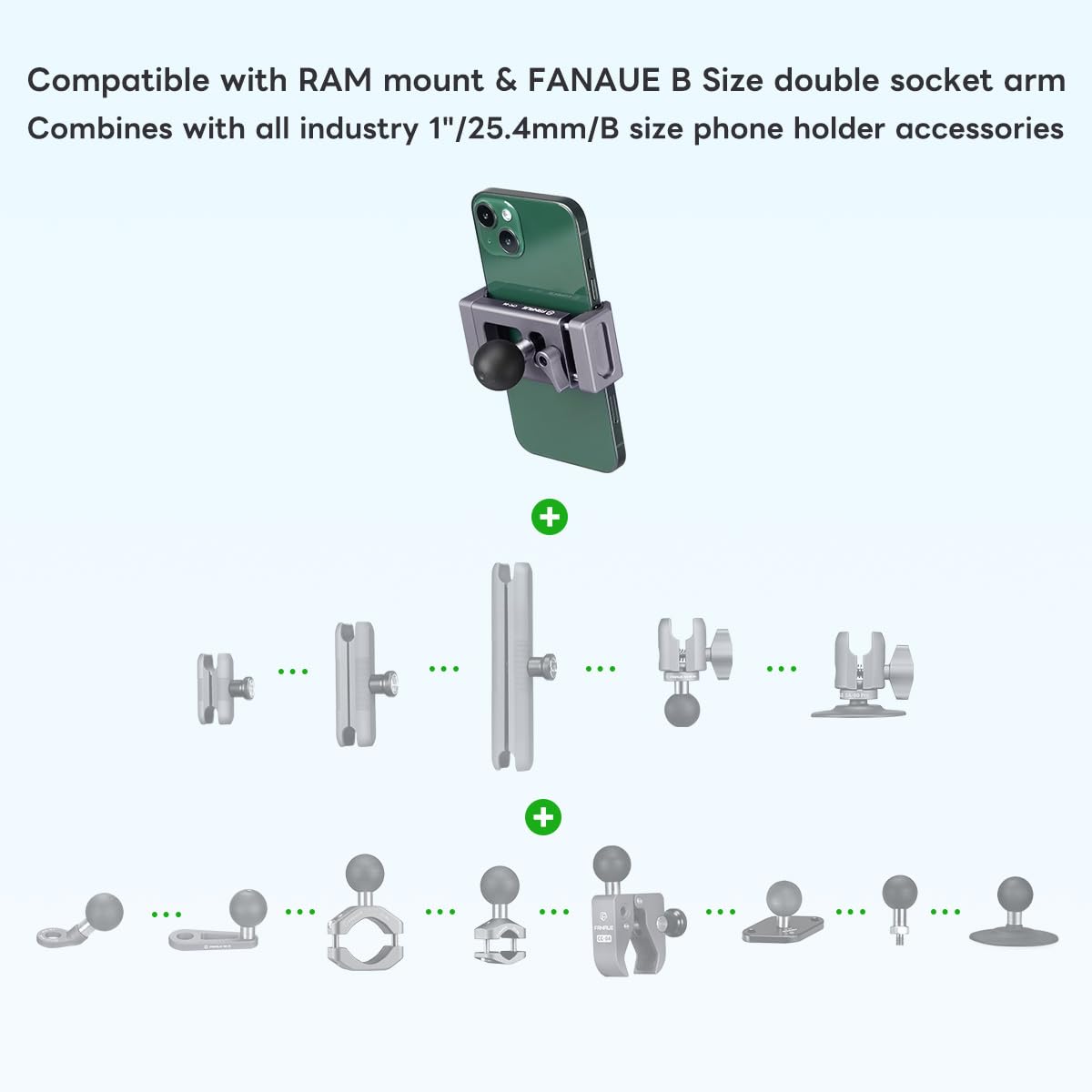 FANAUE side profile with phone clamped demonstrating secure riding hold