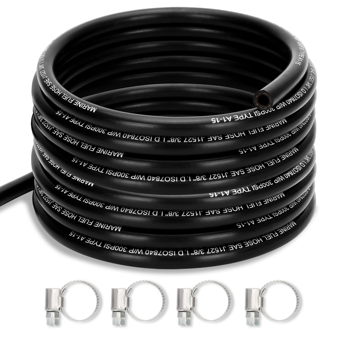 Fancat front view of rolled 25 ft fuel hose showing product branding and length benefit