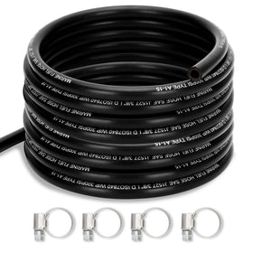 Fancat front view of rolled 25 ft fuel hose showing product branding and length benefit