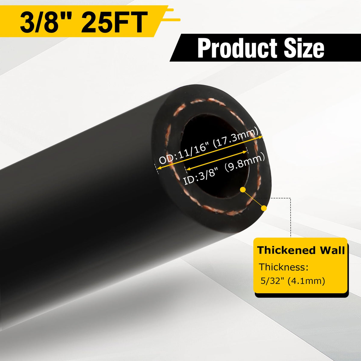 Fancat close shot of hose label showing 3/8 inch ID and 25 ft length for fit confirmation