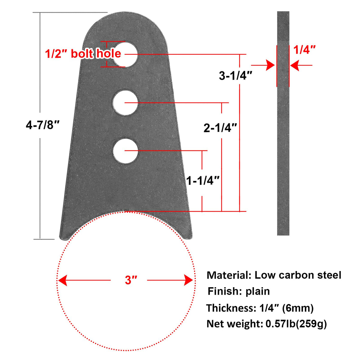 Fanmao close-up of 1/2 inch hole and 1/4 inch thickness showing weld readiness