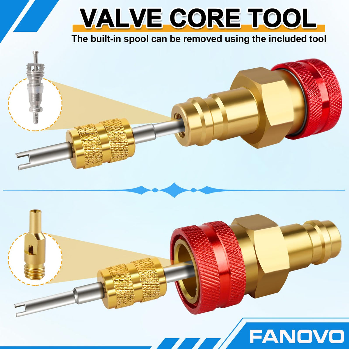 FANOVO adapter in use on vehicle service port reducing refrigerant loss