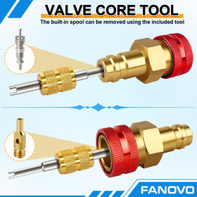 FANOVO adapter in use on vehicle service port reducing refrigerant loss