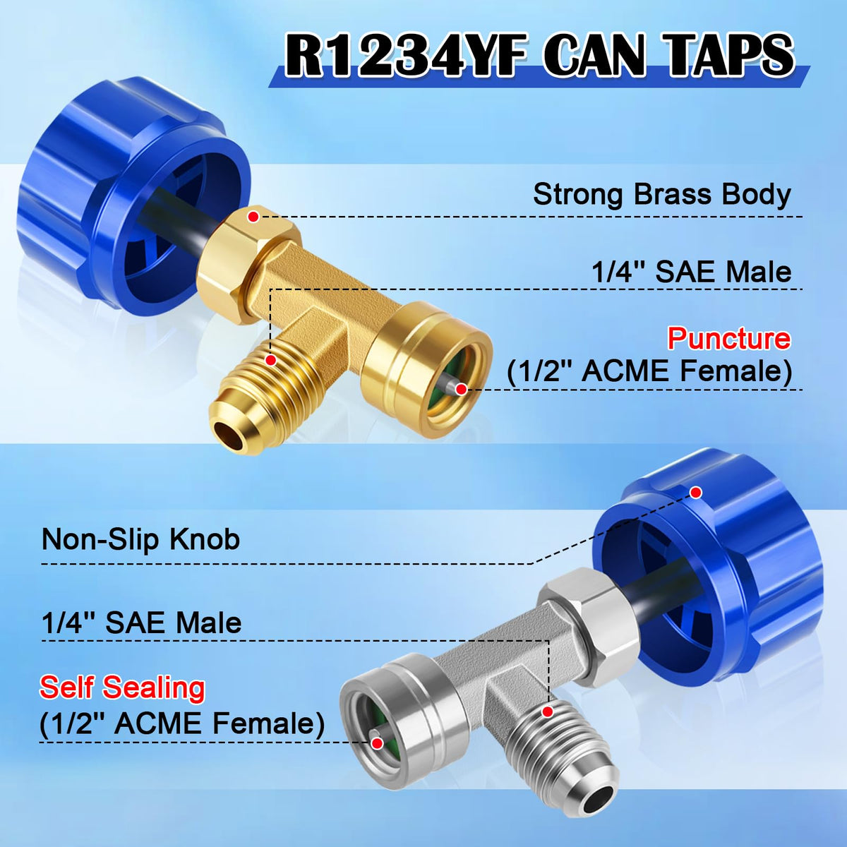 FANOVO self-sealing can tap detail demonstrating automatic seal benefit to minimize refrigerant loss