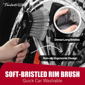 Fantasticlean tire brush and two sponge pads ready for dressing application