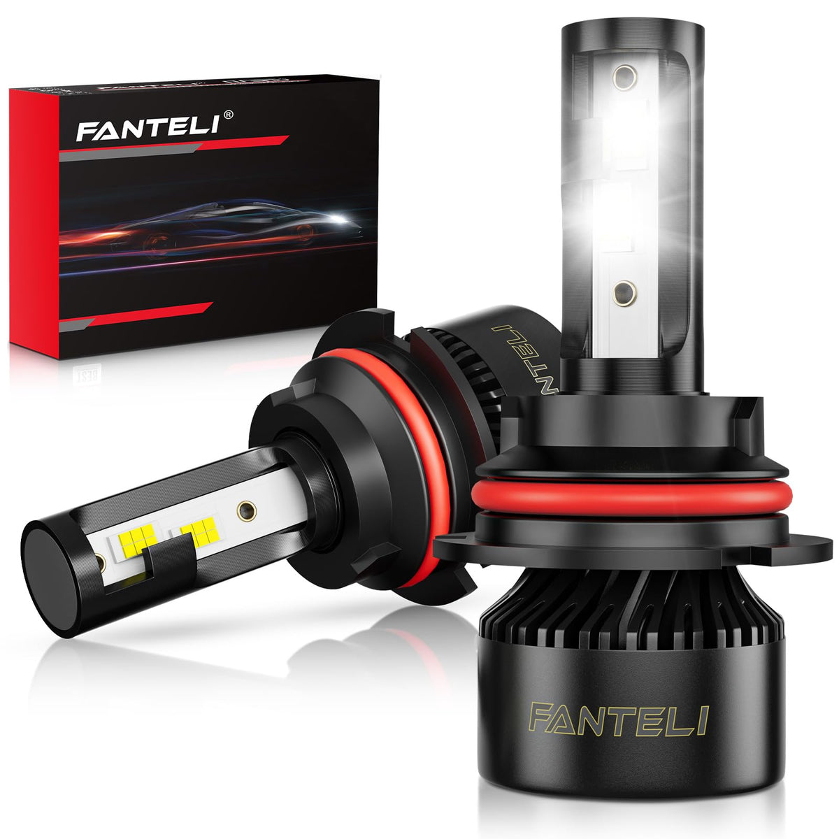 FANTELI front view of packaged 9005/HB3 bulbs showing model and benefits