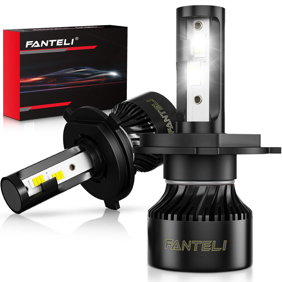 FANTELI front view of H4/HB2 LED pair showing compact direct-fit design and easy install benefit