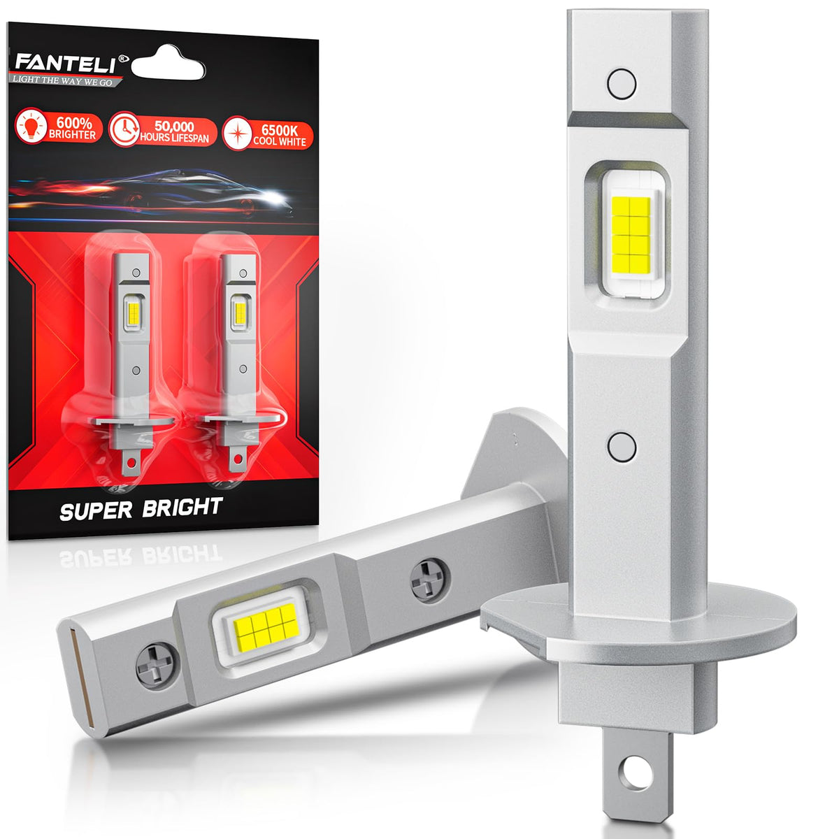 FANTELI front view of H1 LED bulbs showing plug-and-play fit and bright output