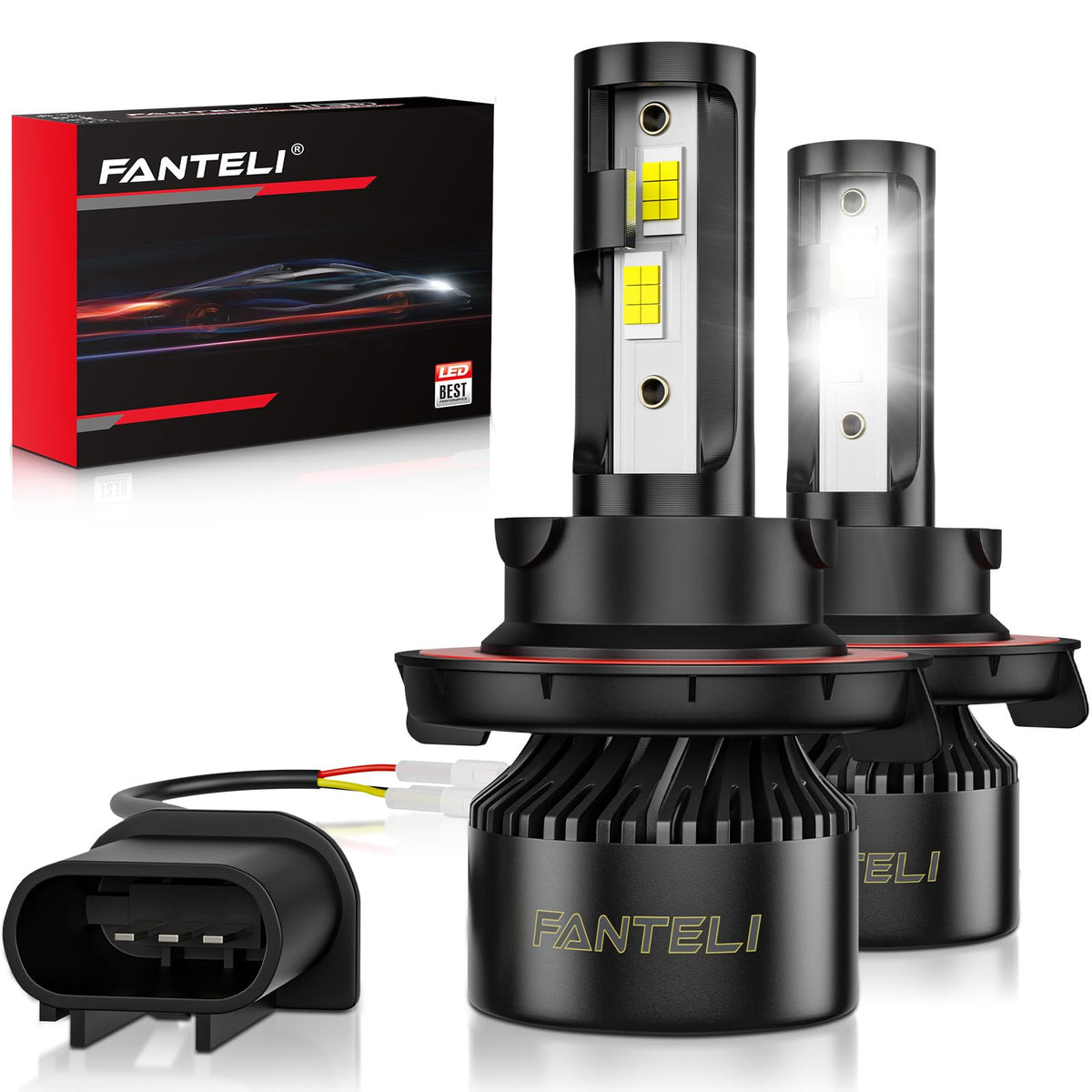 FANTELI front view of H13/9008 bulbs showing plug and compact heatsink benefit
