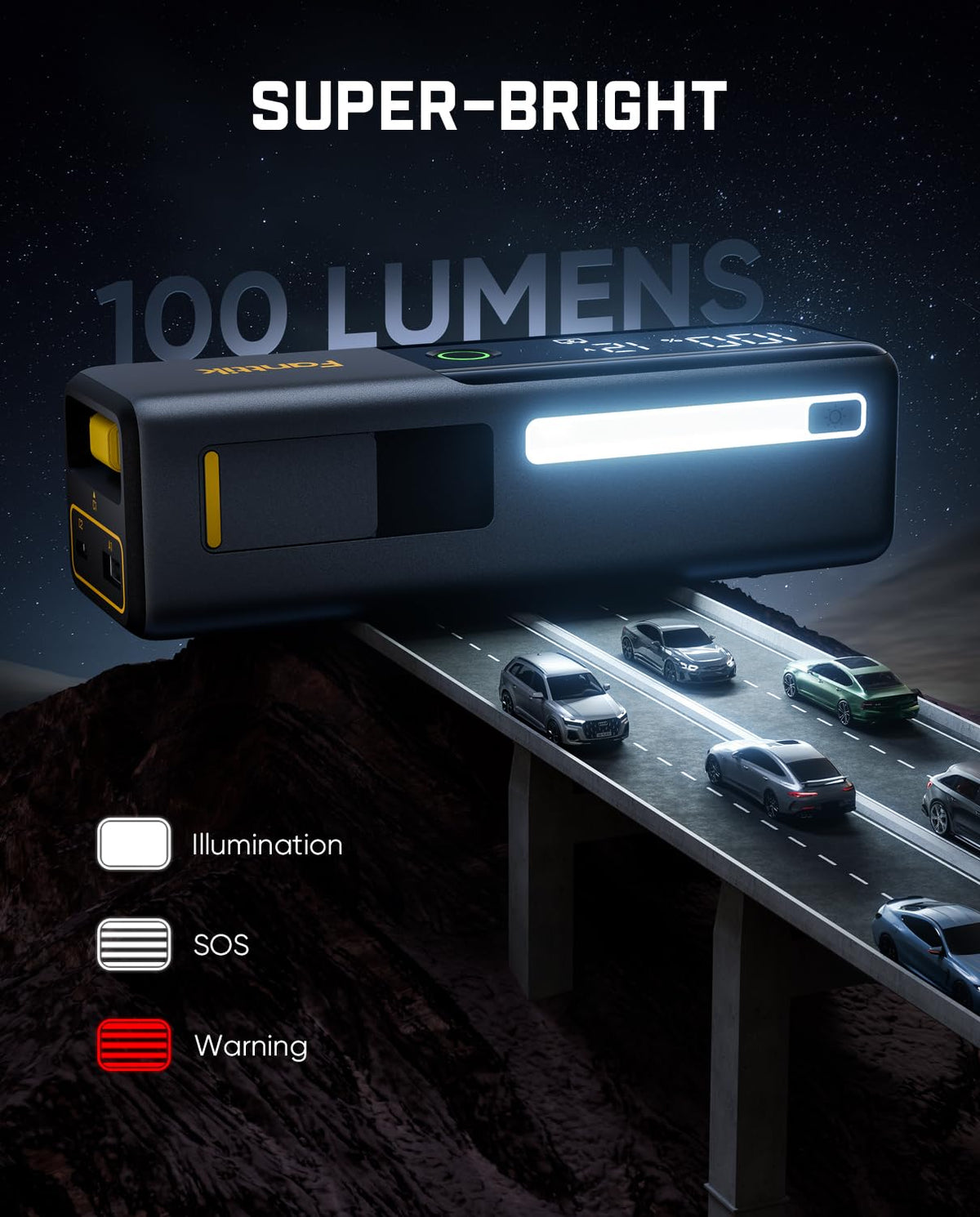 Fanttik Potent T10 flashlight modes illustrating white, red SOS, and strobe options