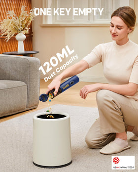 Fanttik V8 one-button disposal action showing hygienic dust release