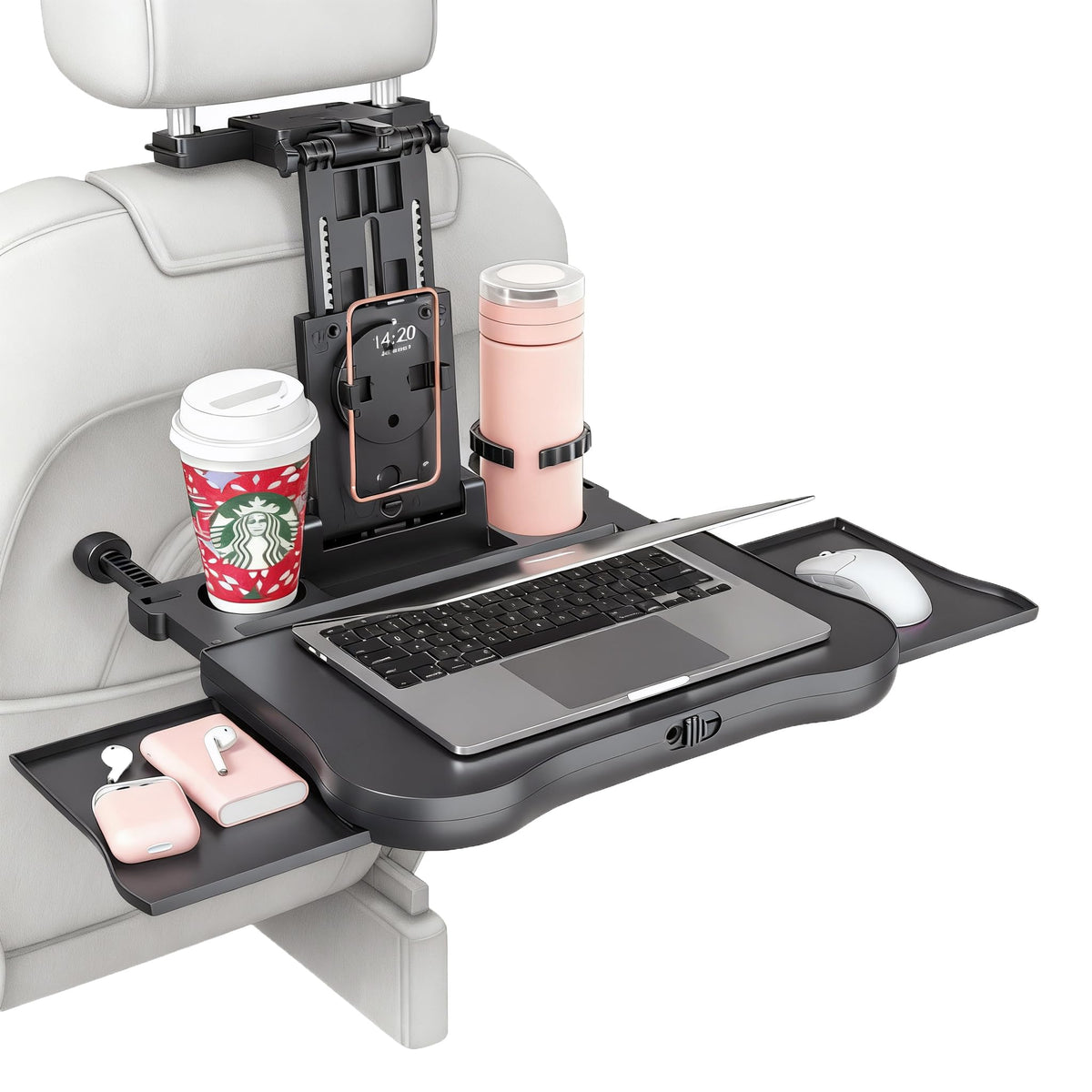 FANXIN front view of installed back seat tray showing stable mount and workspace