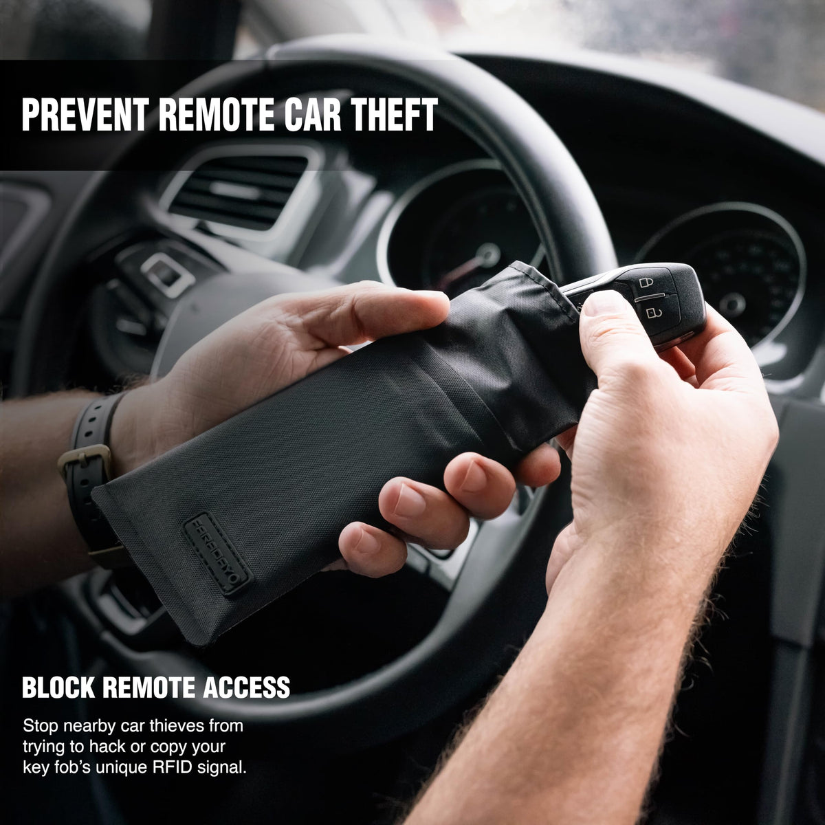 Faraday Defense opened pouch showing triple-layer shielding and roomy interior for keys