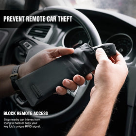 Faraday Defense opened pouch showing triple-layer shielding and roomy interior for keys