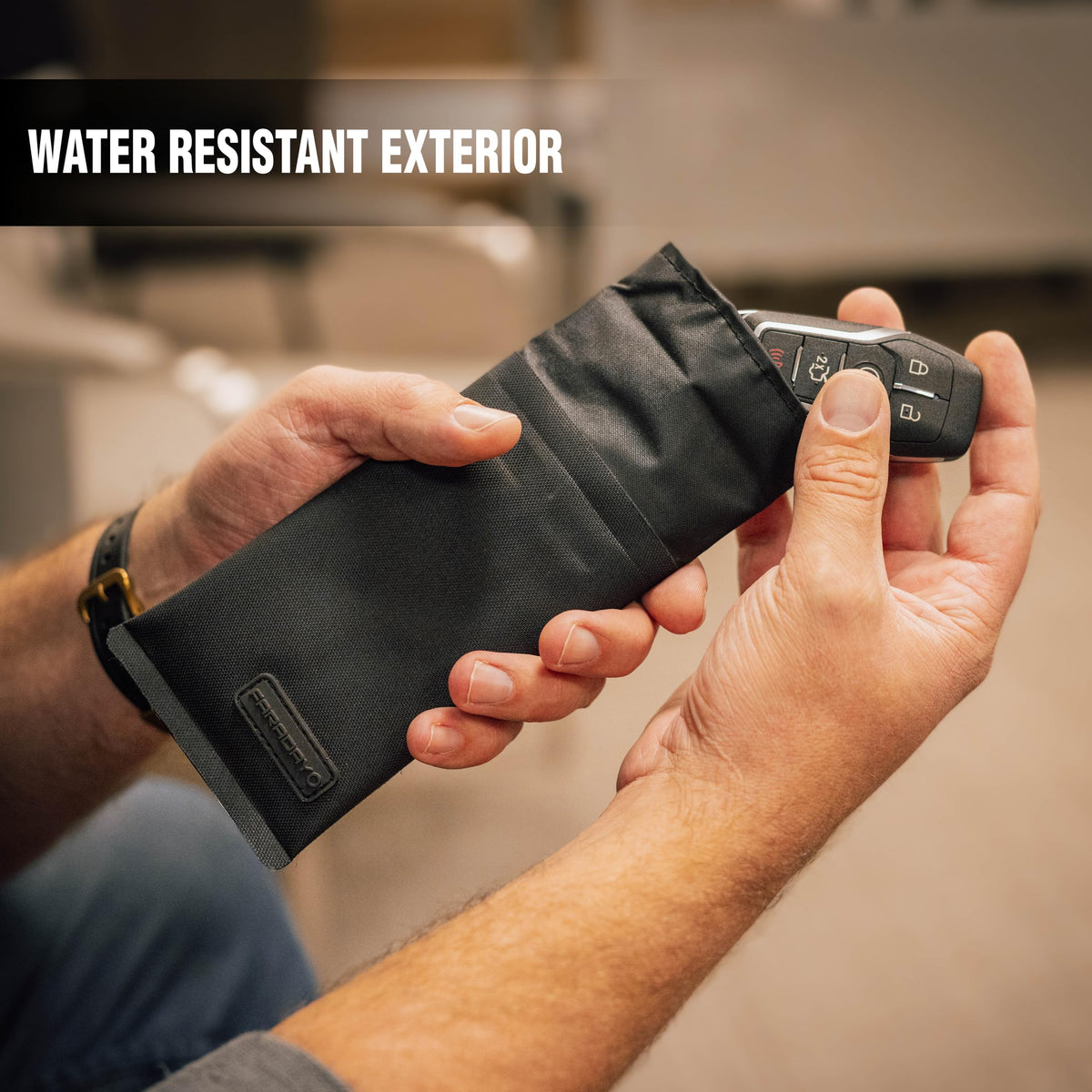 Faraday Defense textured TPU outer layer displaying water-resistant protection and durability