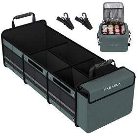 Farasla trunk organizer front view showing sturdy build and gray finish, durable storage benefit