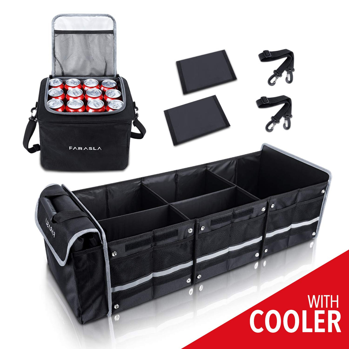 Farasla organizer in car trunk illustrating neat, protected cargo benefit
