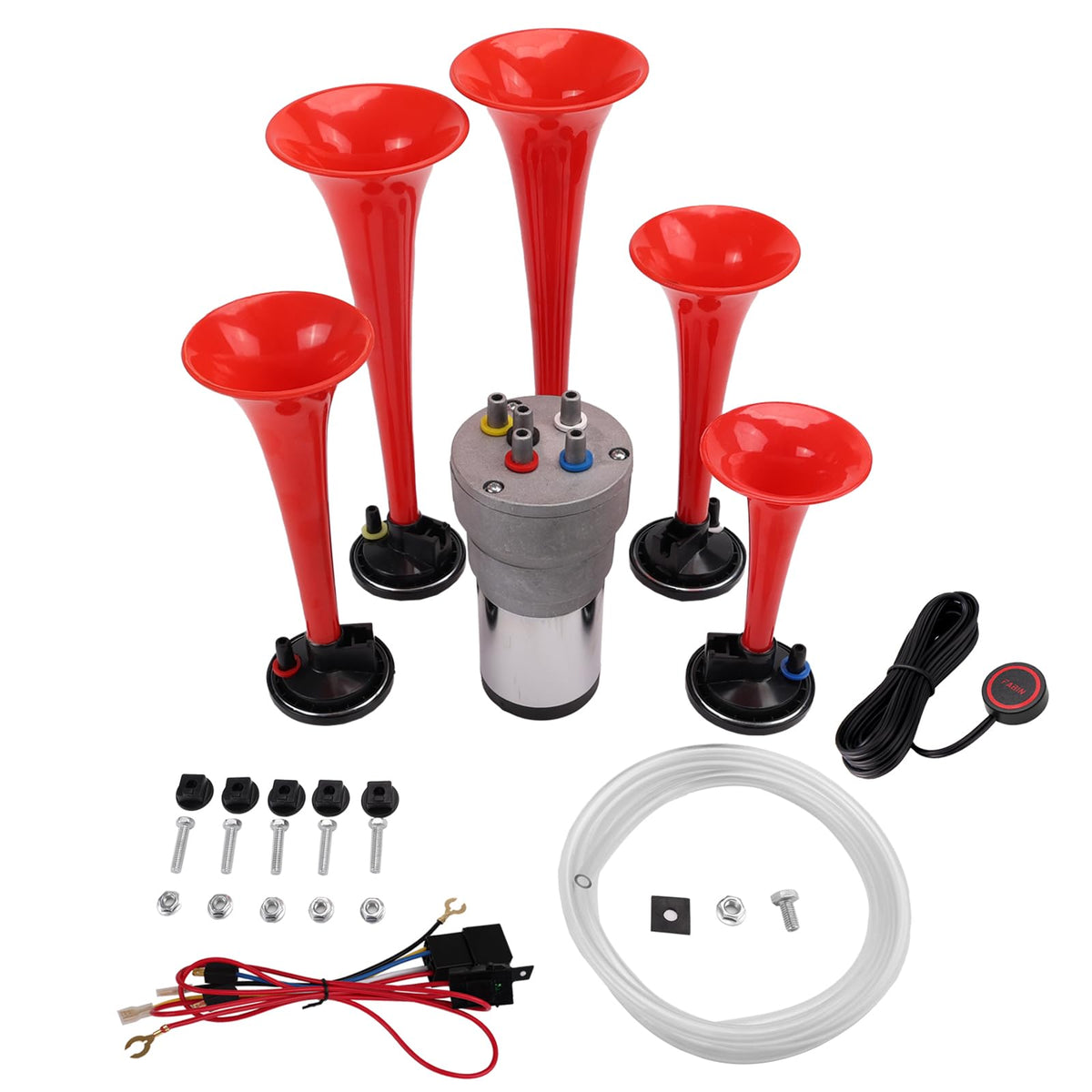 FARBIN front view of five-trumpet horn kit showing full contents and benefit of complete set