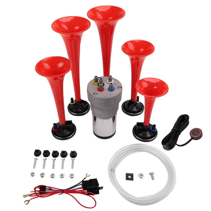 FARBIN front view of five-trumpet horn kit showing full contents and benefit of complete set