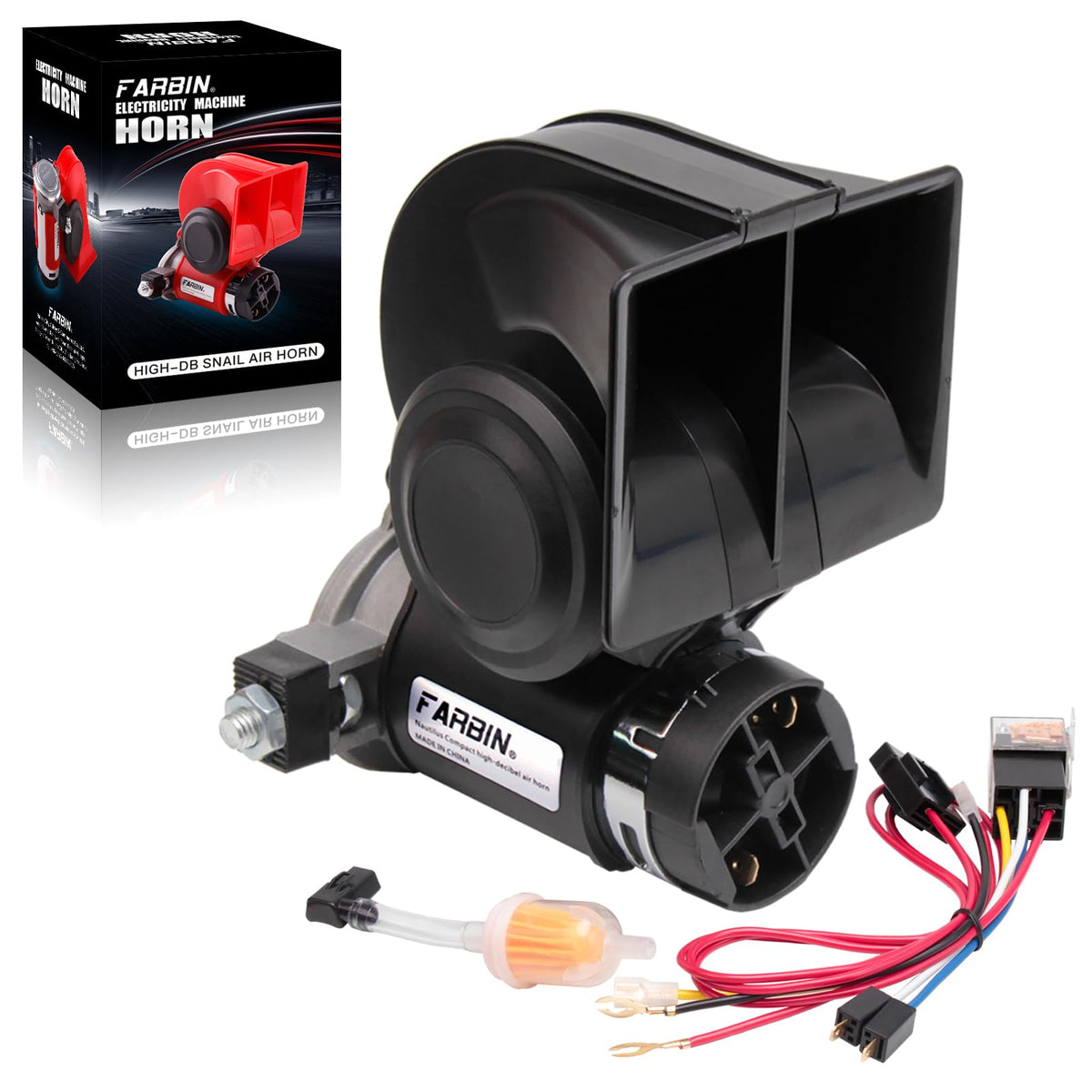 FARBIN front view horn assembly showing durable housing and trumpet benefits