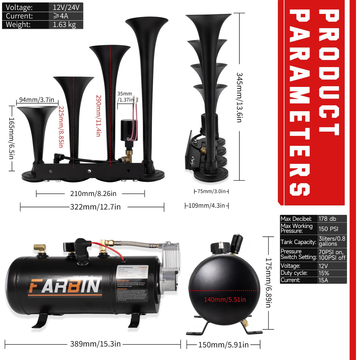 FARBIN horn kit next to a hand showing compact size and installation scale