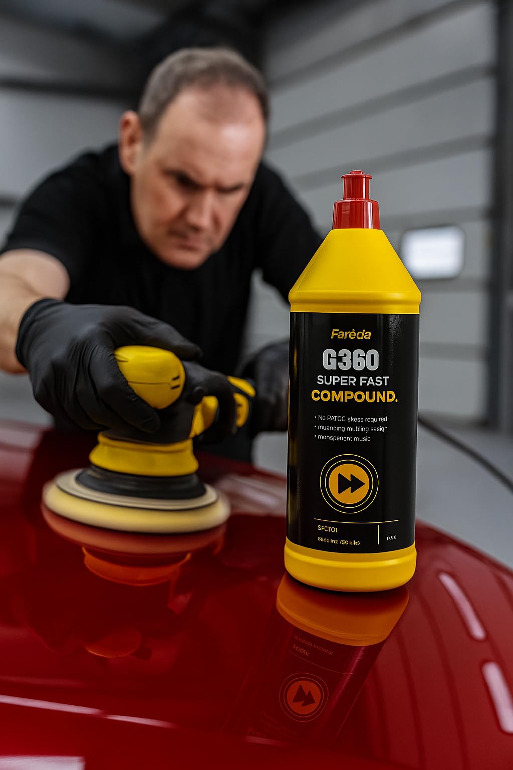 Farecla G360 finished panel in garage setting showing high-gloss swirl-free result