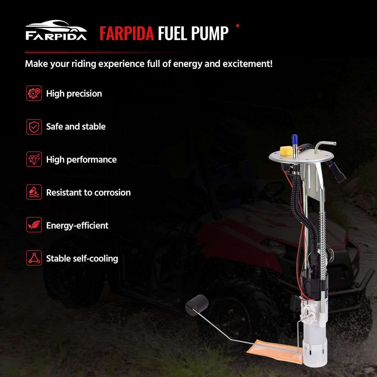Farpida fuel pump next to ruler for size comparison and fit confirmation