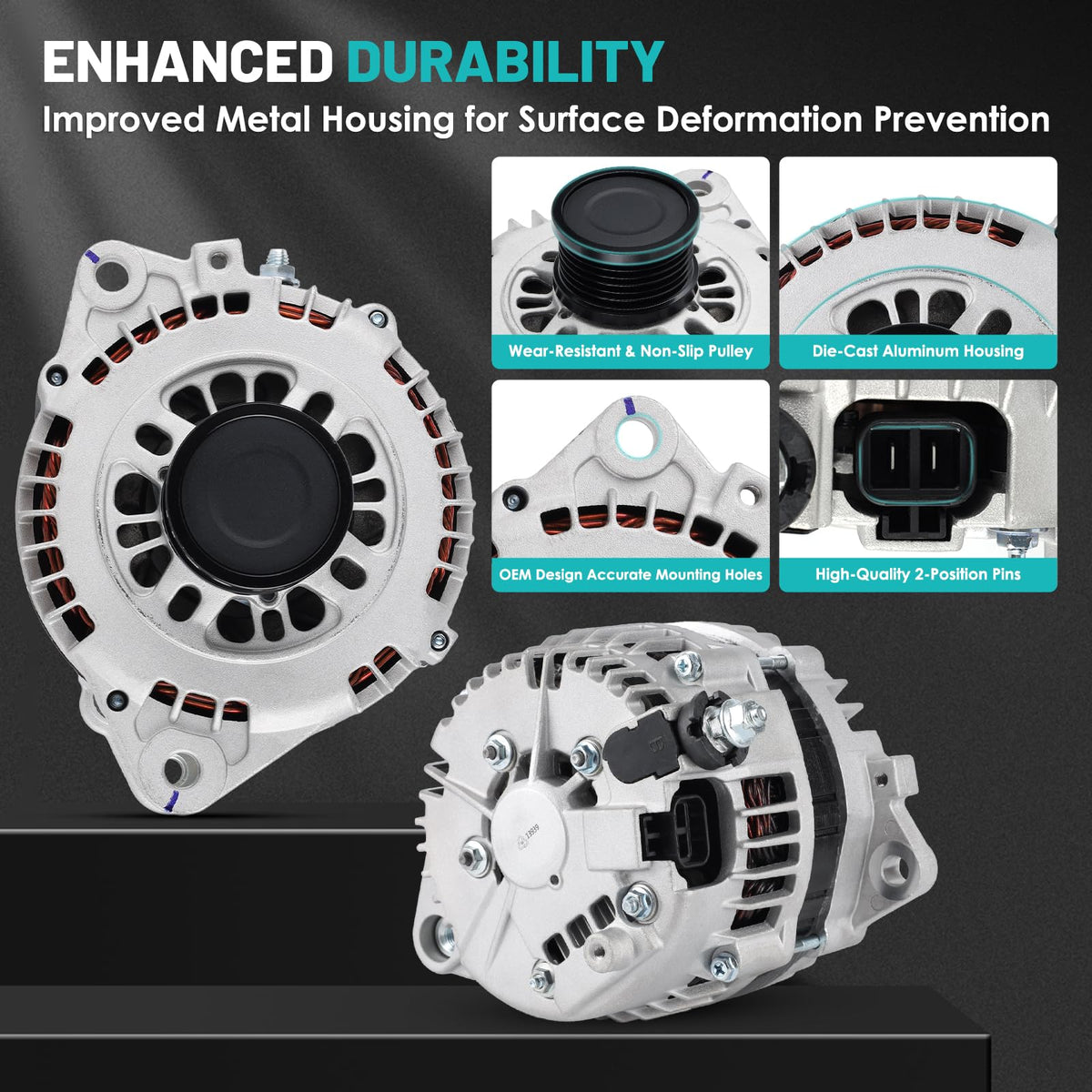 Farrme alternator installed in Nissan engine bay demonstrating direct-fit benefit