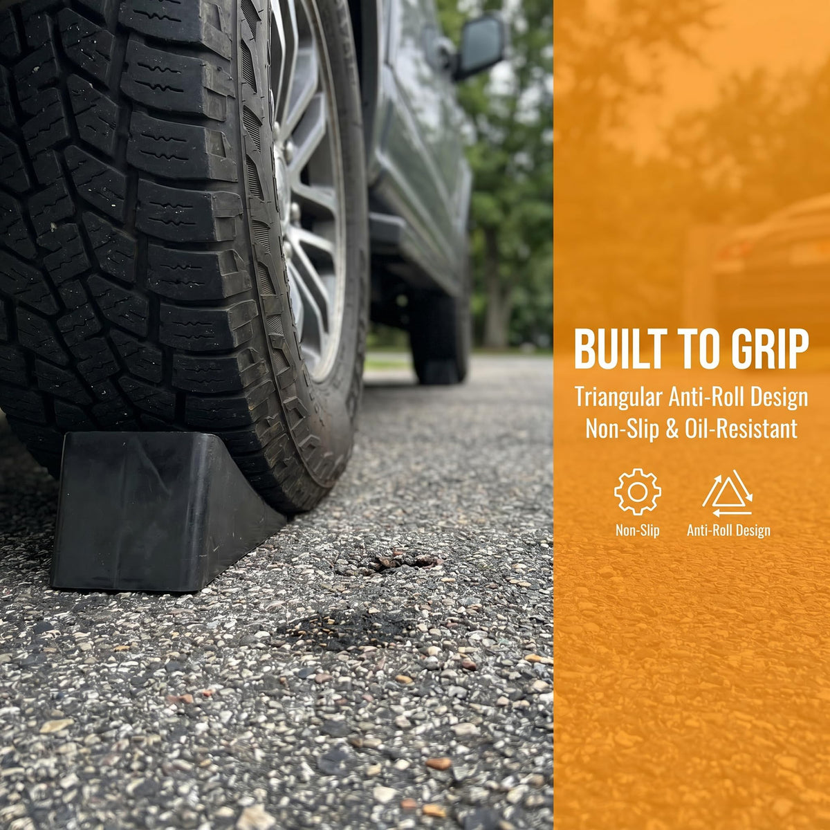 Fasmov chock at campsite under RV wheel providing reliable stability