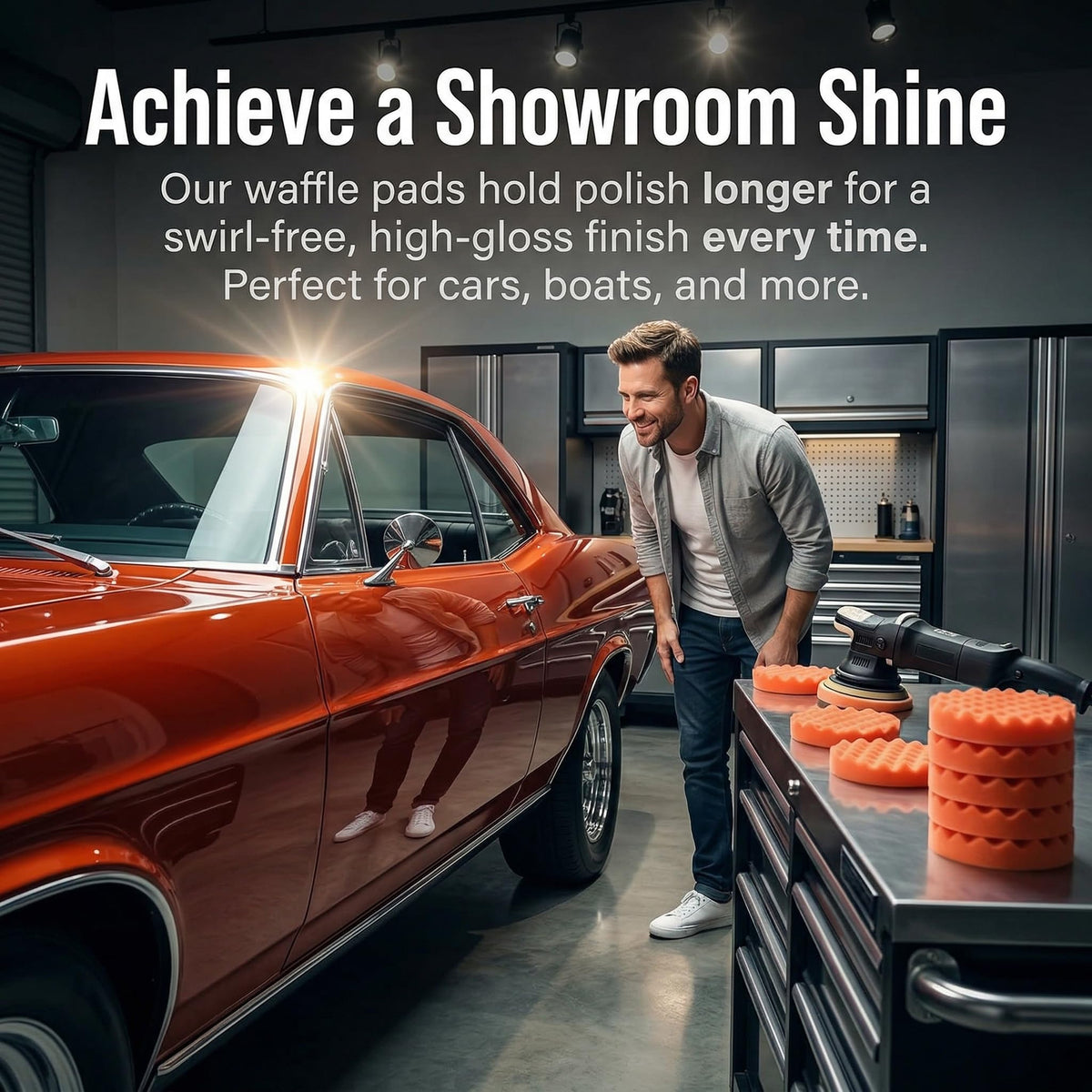 Fasmov pad polishing a car door panel to show smooth finish and refinement