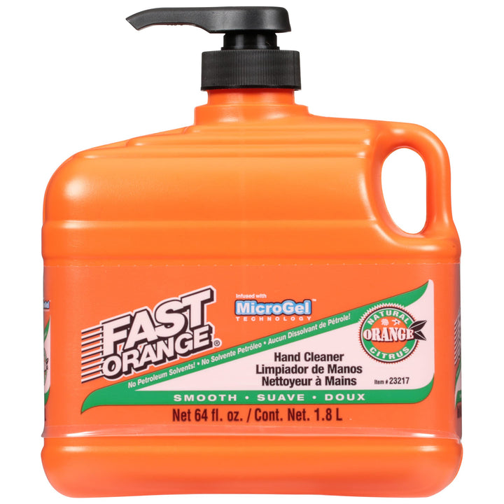 Fast Orange pump bottle front view showing label and dispenser benefit: easy access