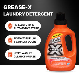 Fast Orange being poured onto greasy coverall fabric to pretreat stains and lift grime